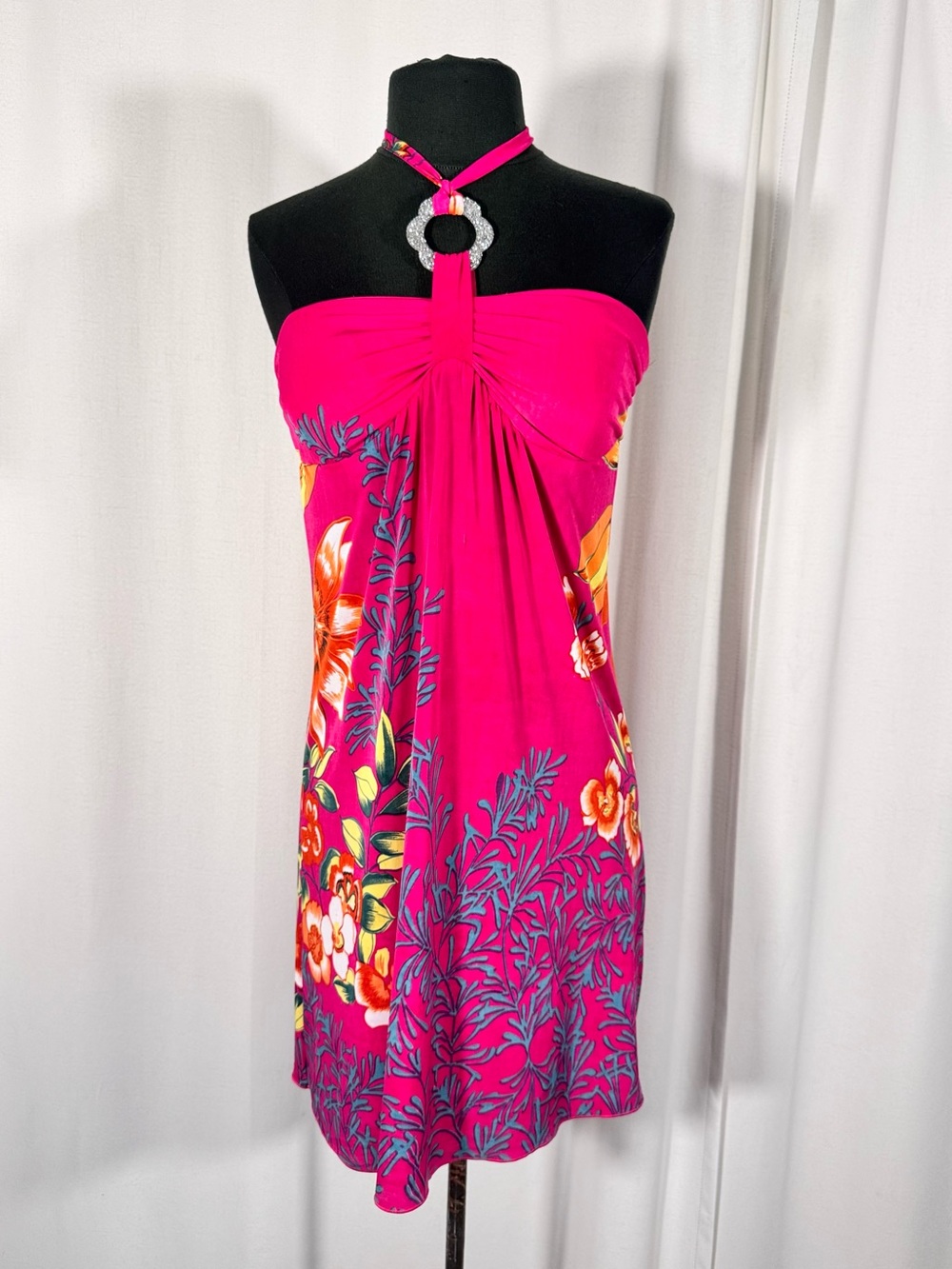 Y2K Hot Pink Floral Halter Neck Mini Dress